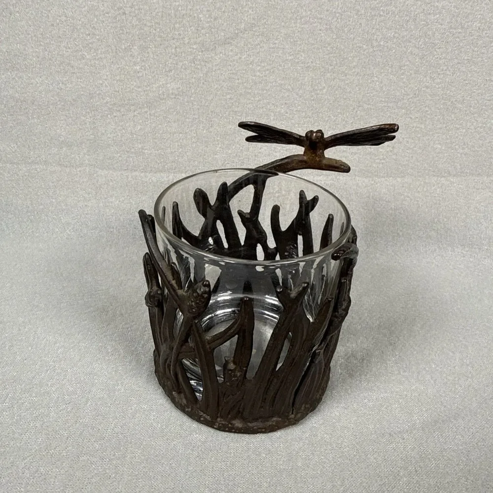 Vintage Dragonfly Brass Votive Candle Holder Design W/Glass Insert 4.25”